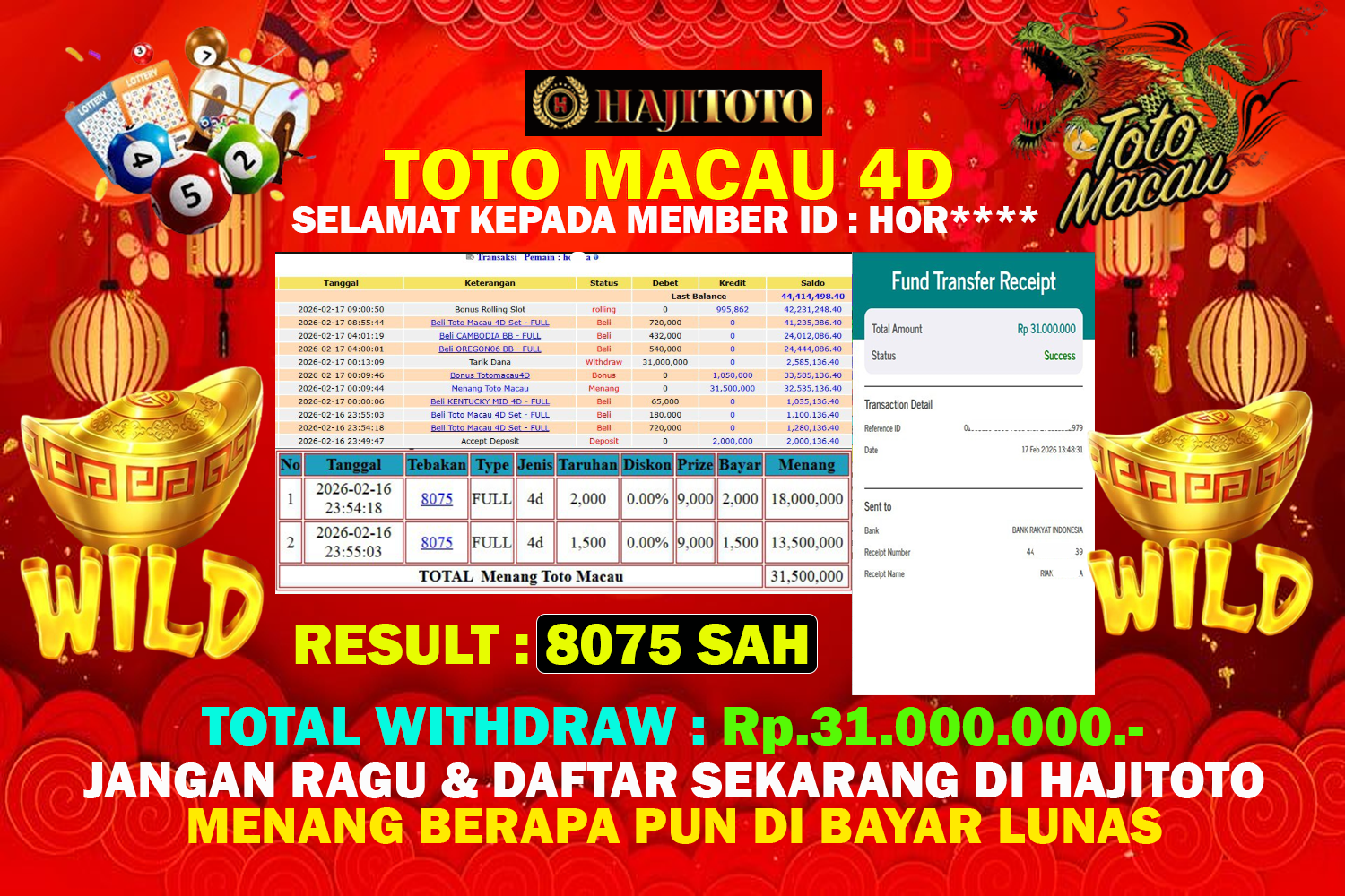 SELAMAT KEPADA PEMENANG MEMBER MERAIH JACKPOT DI GAME TOTO MACAU 4D TOTAL RP 31.000.000 DI BAYAR LUNAS